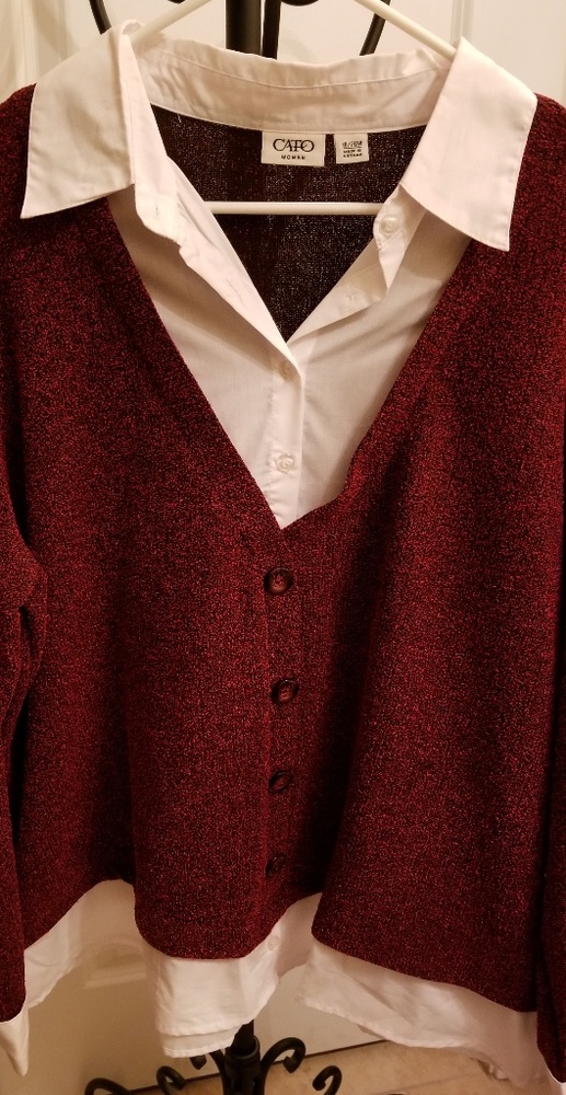 Red &black marled sweater w/white shirt attached.